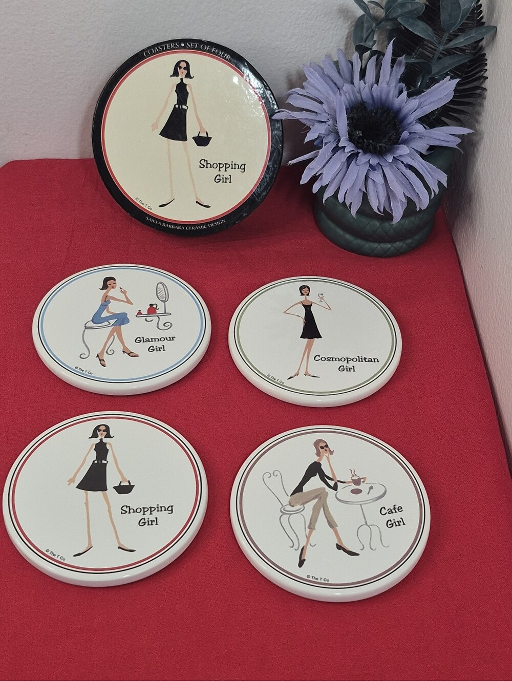 Vintage Santa Barbara Ceramic Design Shopping Girl Coaster Set in Box